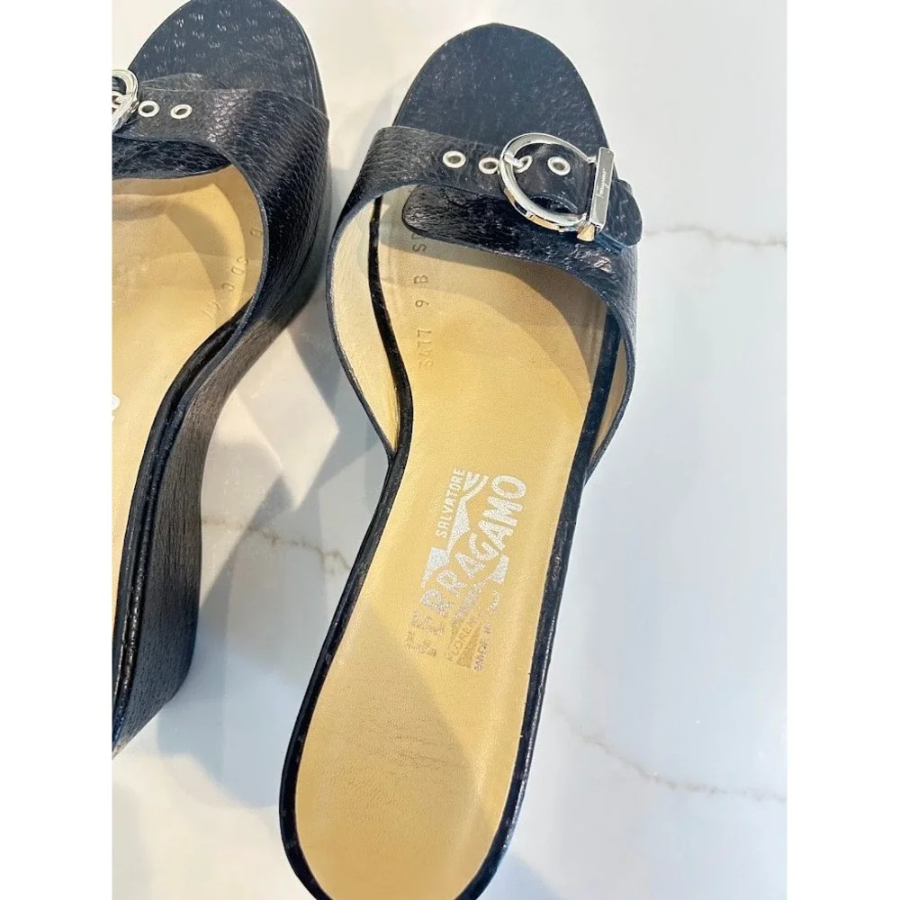 Salvatore Ferragamo Agostina Black Pebble Calf Leather Wedge Sandals 9B Italy